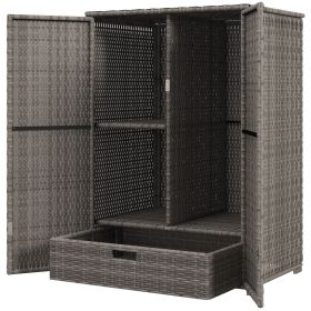 Outsunny Outdoor PE Rattan Wicker Towel Rack, Pool Toy Cabinet, Hot Tub Accessory Storage, Freestanding Cabinet w/ 2 Doors & Drawer for Spa, Dark Gray