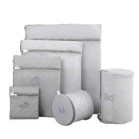 6pcs Embroidered Laundry Bag Set Thickened Double Layer Bra Underwear Washing Bag Machine Wash Mesh Bag (Color: GRAY)